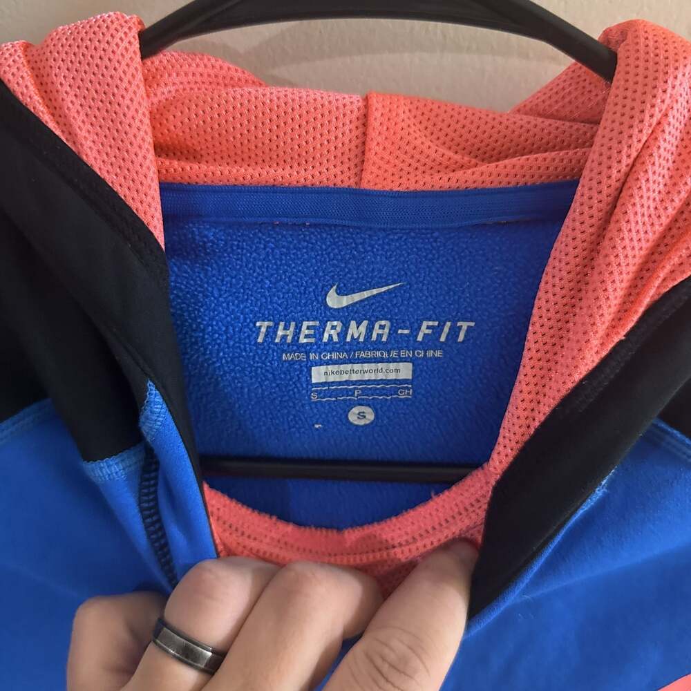 Nike Therma-FIT Blue & Black Pullover Hoodie with Orange Swoosh, Girls' S - Picture 4 of 5